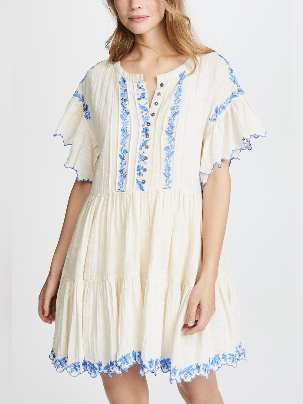 Free People Santiago embroidered boho mini dress ivory gauze fabric blue floral